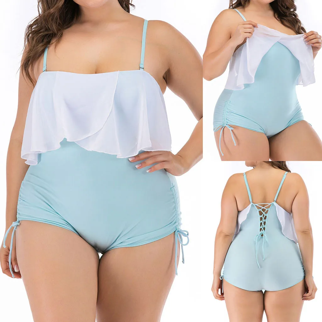 Цельный женский купальник с оборками модный купальный костюм однотонный