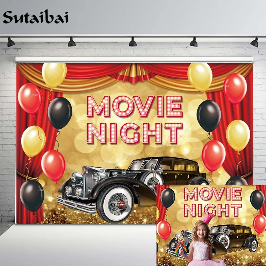 

Movie Night Backdrop Vintage Car Balloons Gold Glitter Red Curtains Photography Background for Kids Birthday Party Photo Studio