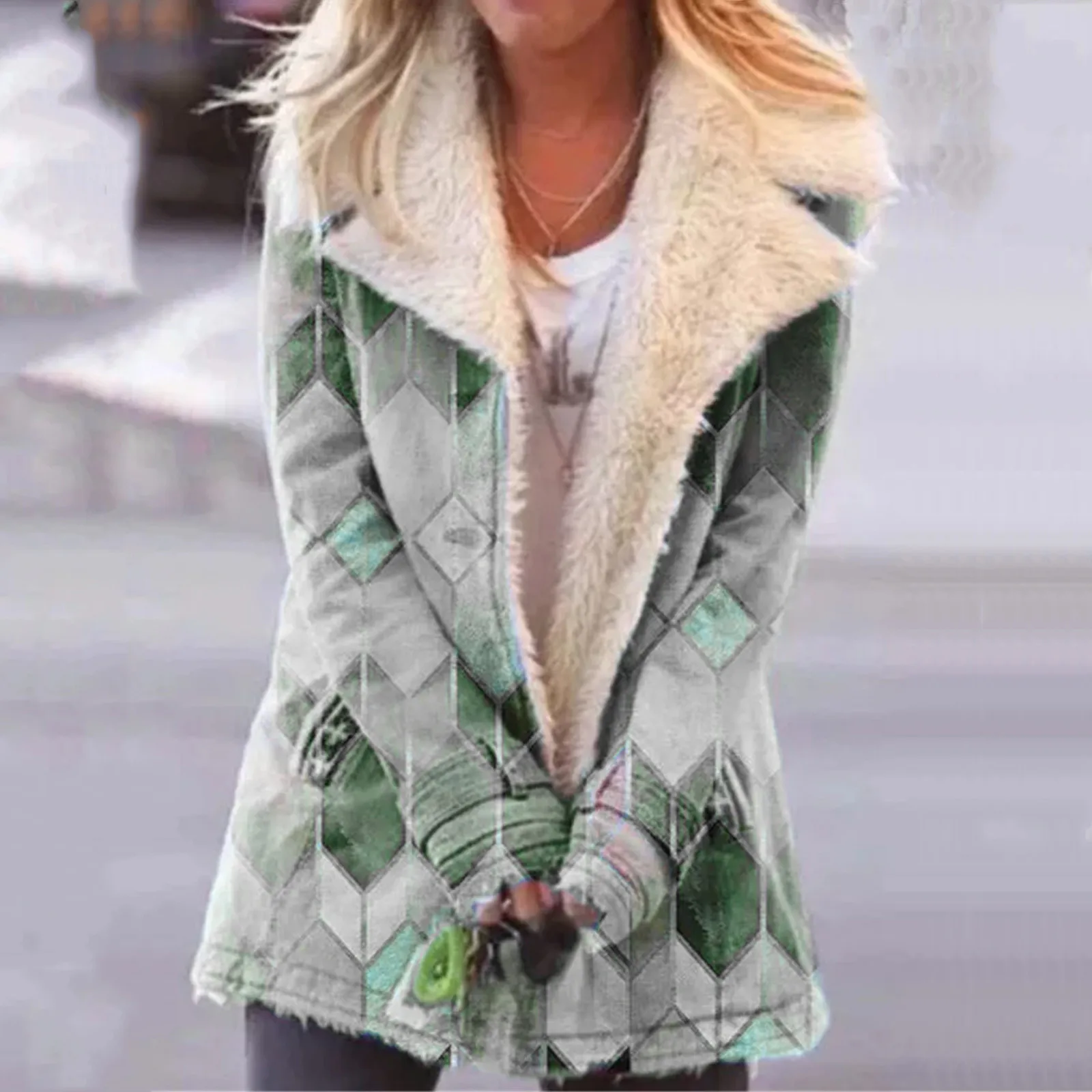 

Women's Lapel Printed Single-breasted Long-sleeve Jacket With Down-down Cotton Plush Jacket Tops manteau femme hiver