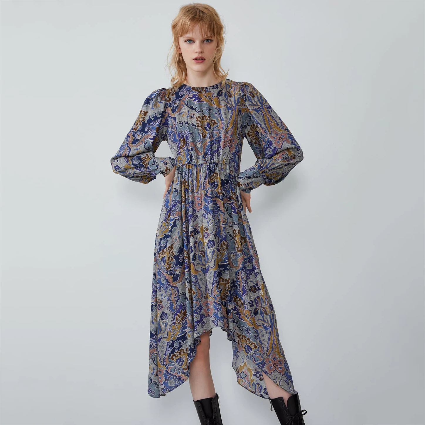 2019 осеннее Новое Асимметричное Платье с принтом женская одежда рукавом фонарик