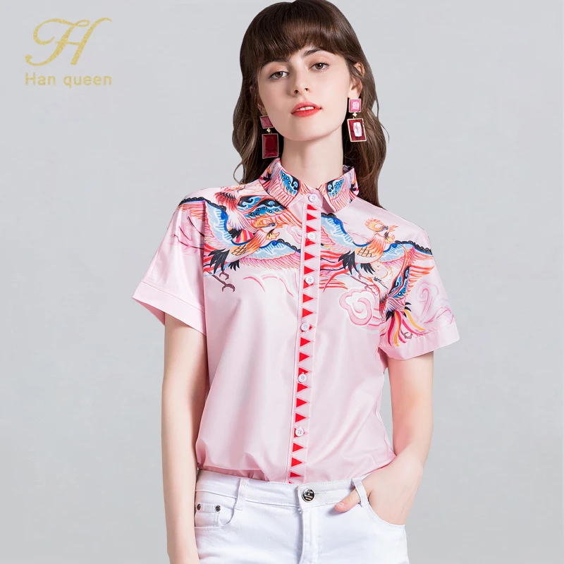 Женская шифоновая блузка H Han Queen повседневная винтажная с принтом и коротким