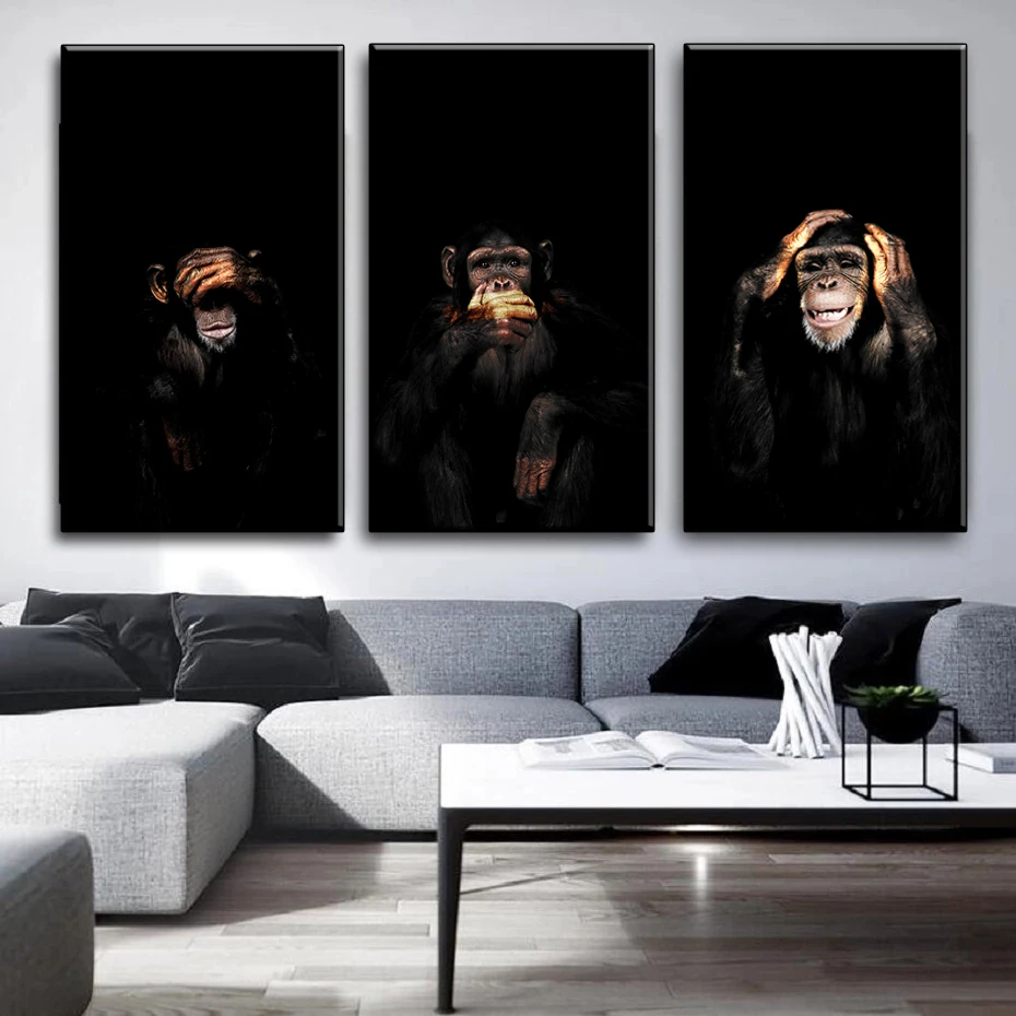 

Three funny monkeys HD printable painting on canvas, abstract orangutan wall art prints and home decoration poster pictures