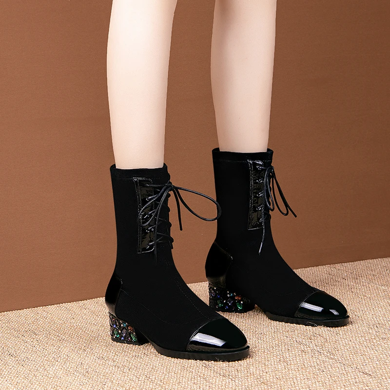 

Quality suede Leather Female Short Boots crystal high heels Winter Warm Women Ankle Boots Night Club Shoes Woman Chelsea Boots