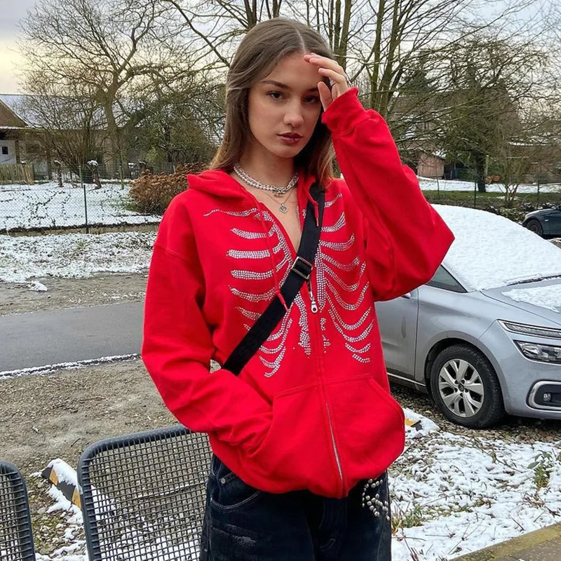 

Rhinestone Hoodies Women'S Oversized Sweatshirts Harajuku Pockets Hooded Zip Up Jacket Femme y2k AutumnTop 2021