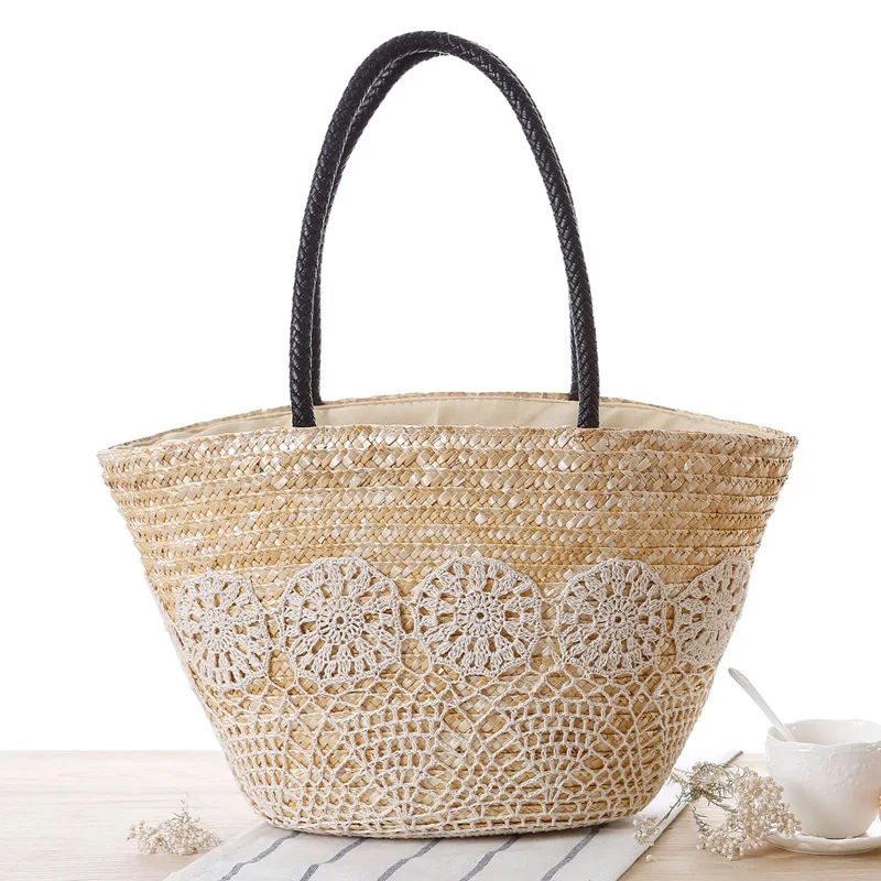 

44x26CM Pastoral Style Women Vacation Shoulder Straw Bag Handmade Cotton Crochet Summer Beach Knitted Bag a7230