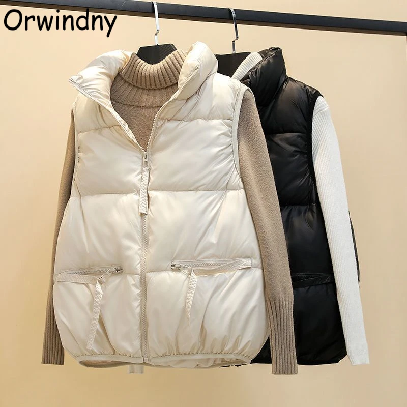 

Orwindny теплый жилет, женская зимняя короткая безрукавка на молнии, зимняя одежда с воротником-стойкой, пальто без рукавов, цвет черный/бежевый