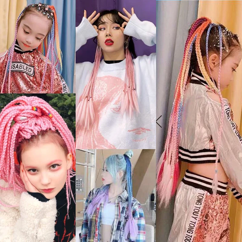 

LISI GIRL 24 inch iridescent artificial synthetic ponytail with elastic hair loop braided ponytail mixed with multicolor