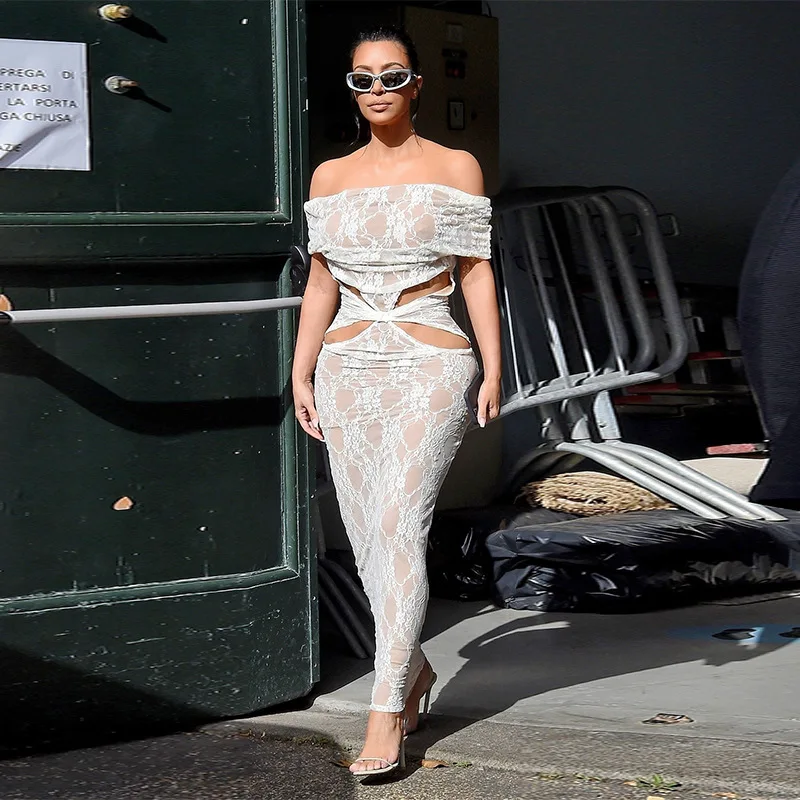 

Fashion Solid Lace Maxi Dress Women Elegant Skinny Hollow Out Party Style Skirt Sexy Raglan Sleeve Slash Neck Vestido Demujer