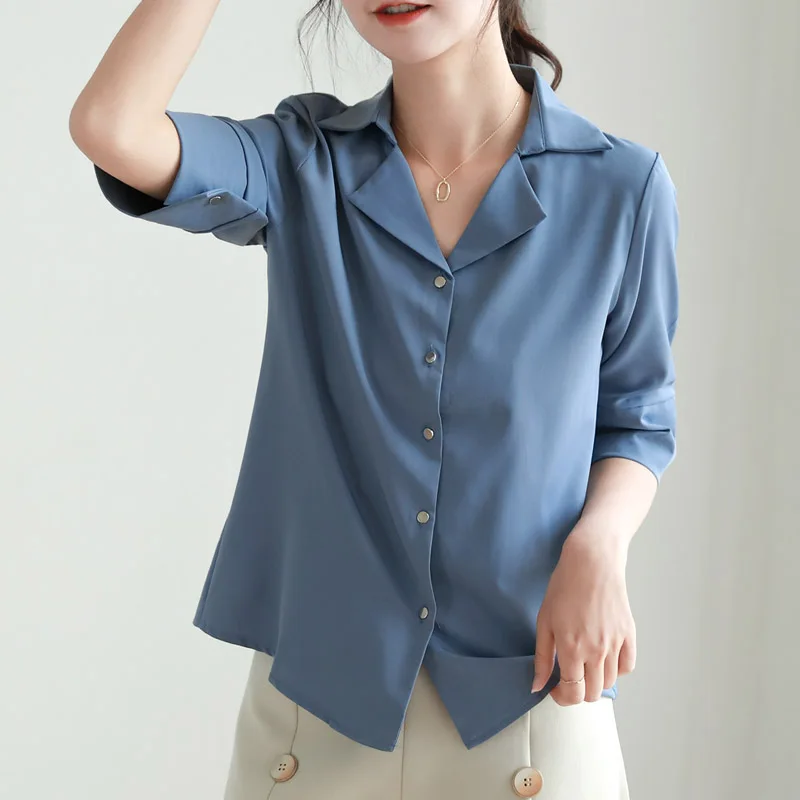 

Chiffon Shirt Female Half-Sleeve Shirt 2020 V-neck Shirt Casual Short Button Solid Notched Ladies Tops White Blouse Blusas 0712