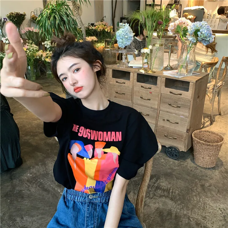 

2902 women new Harajuku port style design loose puff sleeve short sleeve T-shirt