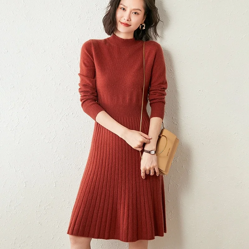 

Women Dress 100% Goat Cashmere Knitted Pullover Winter New Fashion Long Dresses Ladies Pure Pashmina Knitwear 6Colors Girl Dress