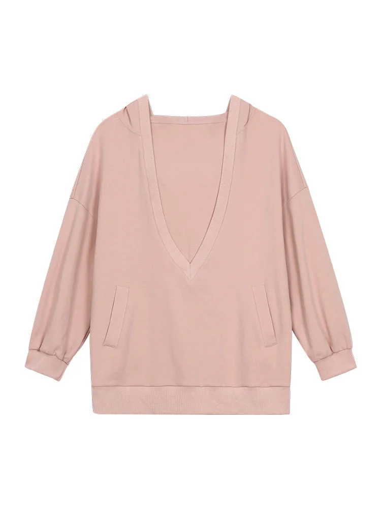Розовая толстовка с V-образным вырезом Женская Ранняя осень новый дизайн чистый