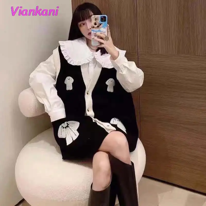 

New autumn Cartoon Cardigan 2022 loose preppy V neck sleeveless Sweater breasted bow embroidered cardigan vest top