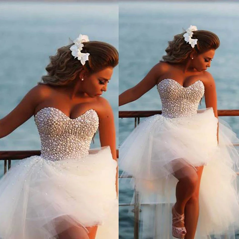 

Chic Luxury Pearl Beading High Low 2018 White Tulle Bridal Gowns Sleeveless Zipper Back vestido noiva casamento bridesmaid dress