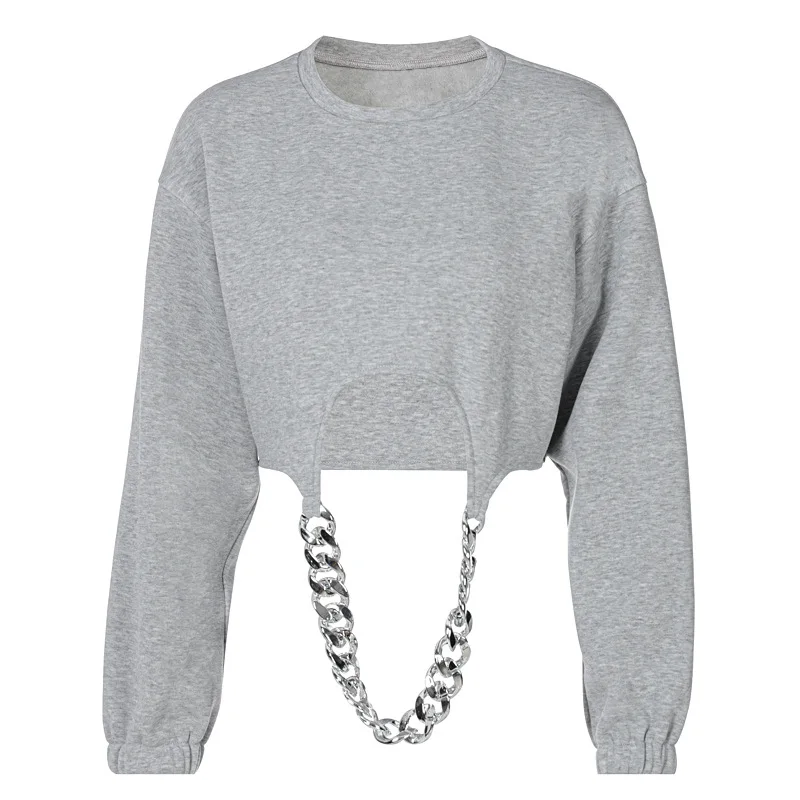 

Zoulv 2021 Spring High Street O-collar Crock Sweater Metal Chain Autumn Long Sleeve Loose Street Clothing Hooded Short Pullover
