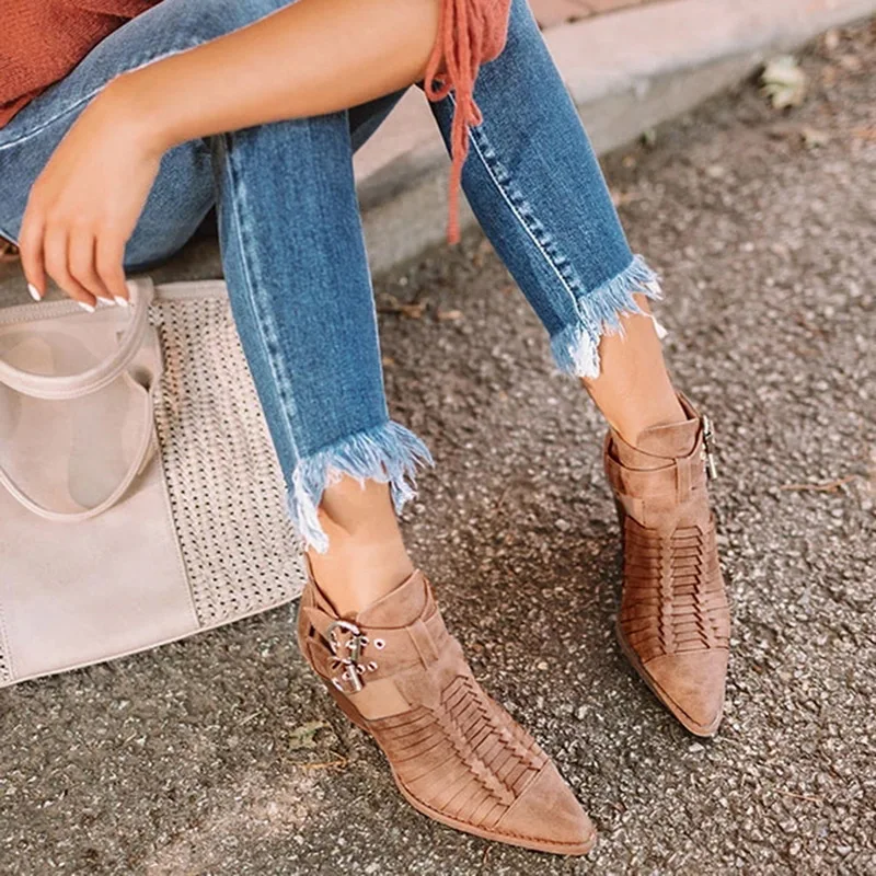 PUIMENTIUA/женские ботильоны с острым носком обувь из искусственной кожи на низком