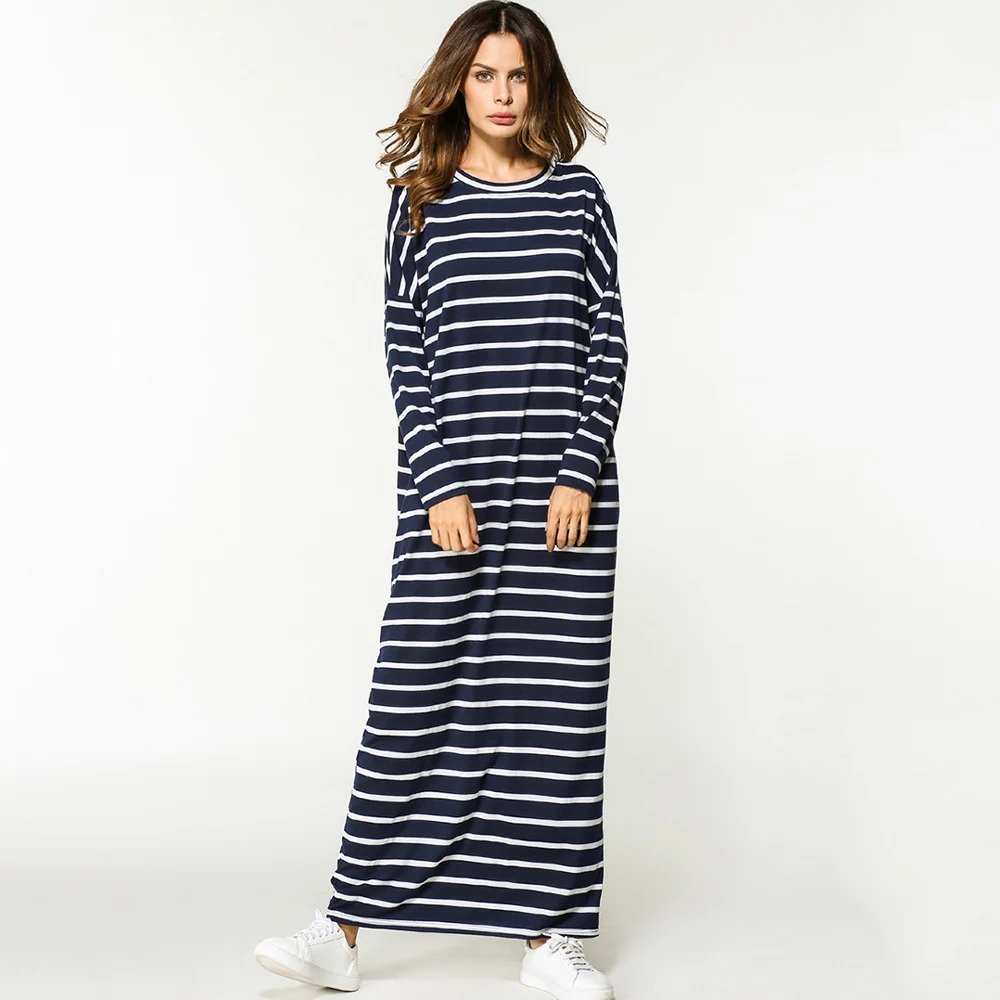 Мусульманское Макси-платье абайя джилбаба синее Полосатое длинное платье-Кафтан