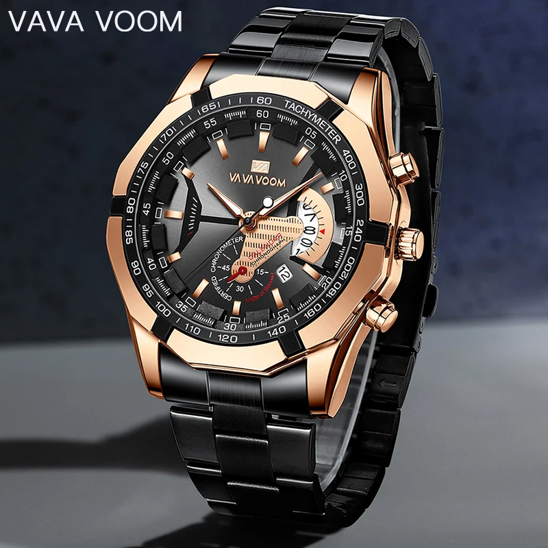 

VAVA VOOM Mens Watches Stainless steel Sports Luxury Quartz Watch Men Fashion Luminous Waterproof Men Wrist Watch Montre homme