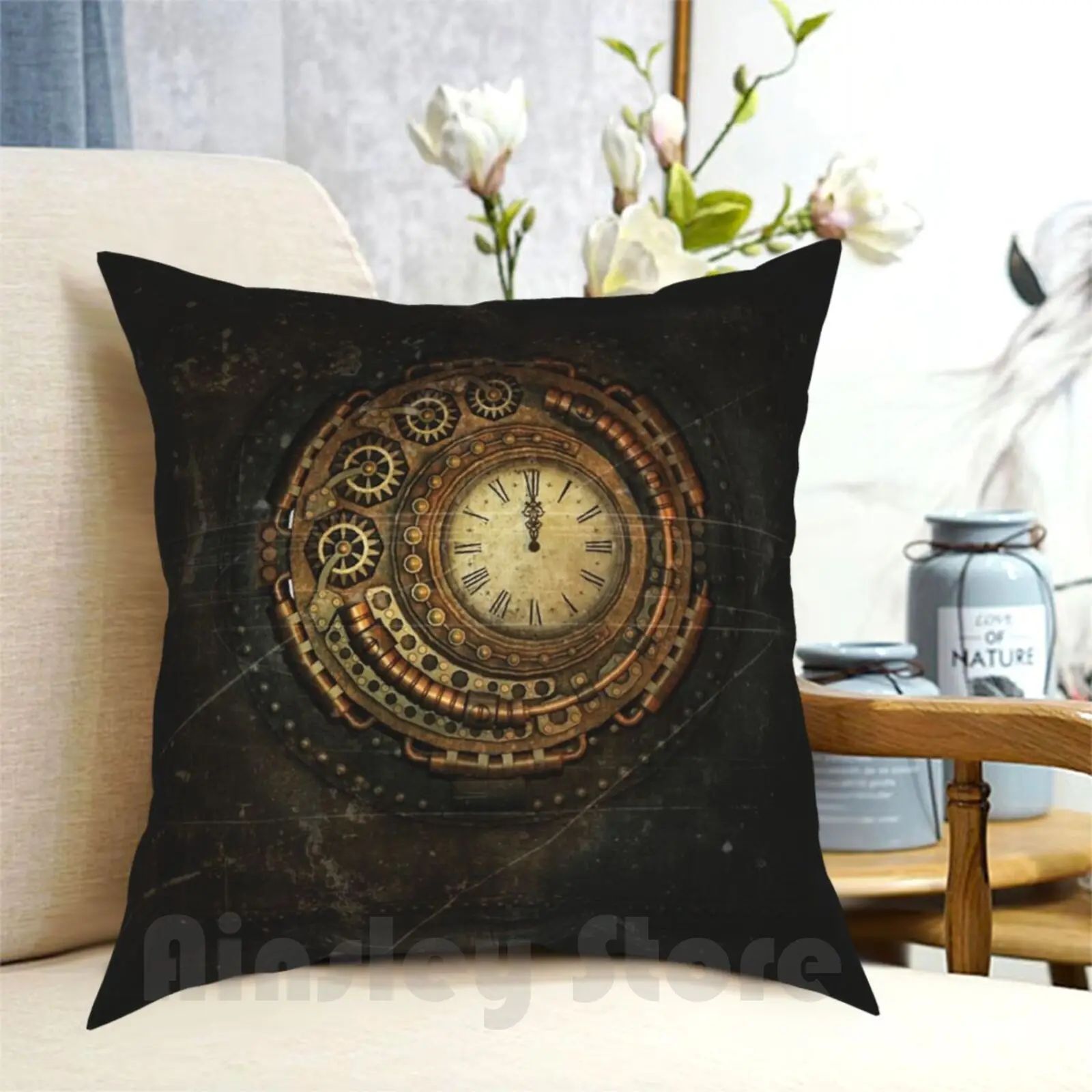 

Steampunk-Grunge Distressed Golden Clock Pillow Case Printed Home Soft Throw Pillow Steampunk Machine Machines