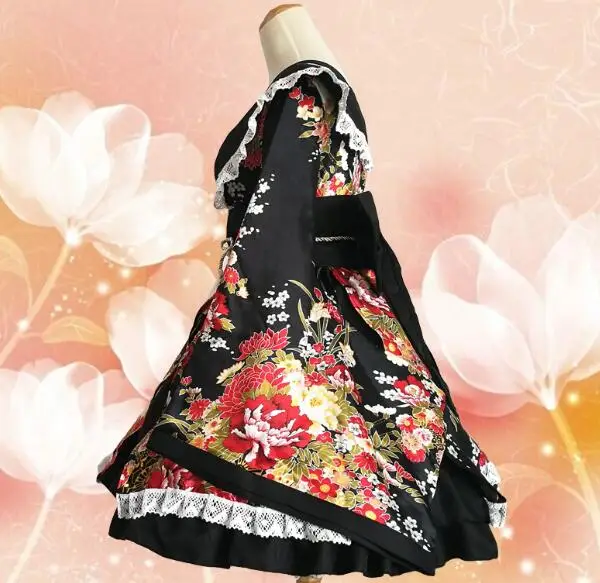 

Lolita GokuRakuJoudo Flower Kimono Yukata Maid Dress Meidofuku Uniform Outfit Anime Cosplay Costumes
