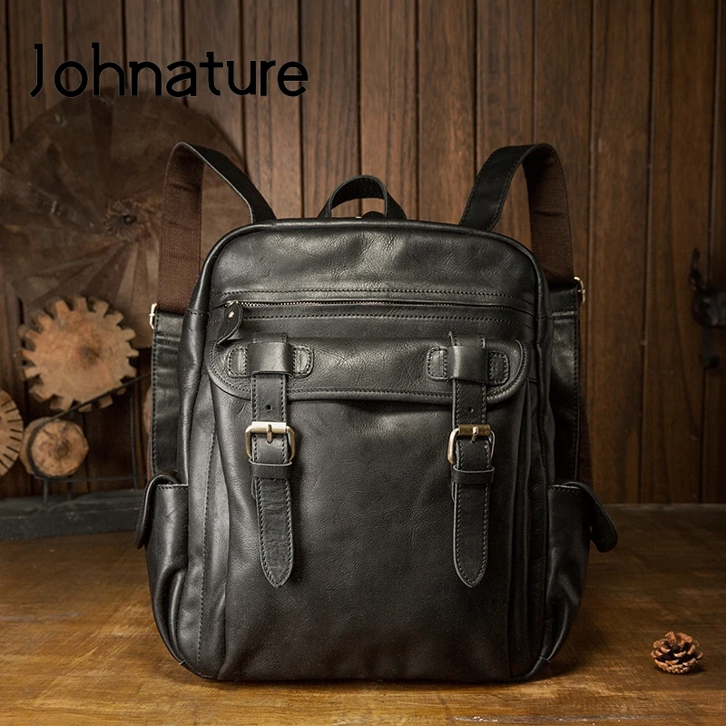 Johnature Casual Travel Backpack 2022 New Simple Genuine Leather Men Bag Large Capacity Fashion School Bag Laptop Backpacks