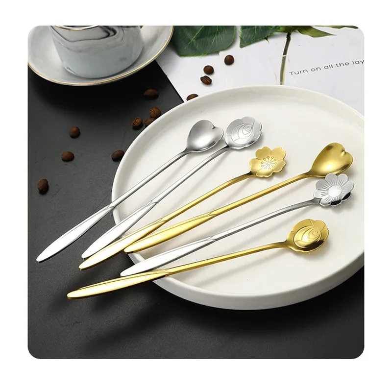 

Stainless Steel Dessert Spoon Long Handle Tableware Tea Coffee Spoons Flower Shape Spoons Kitchenware