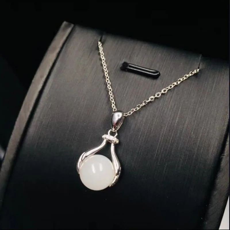 Natural Chinese HeTian White Jade Inlaid Beads Drop Pendant Beautiful 925 Silver Necklace Fashion Charm Jewelry For Men Women Gi | Украшения
