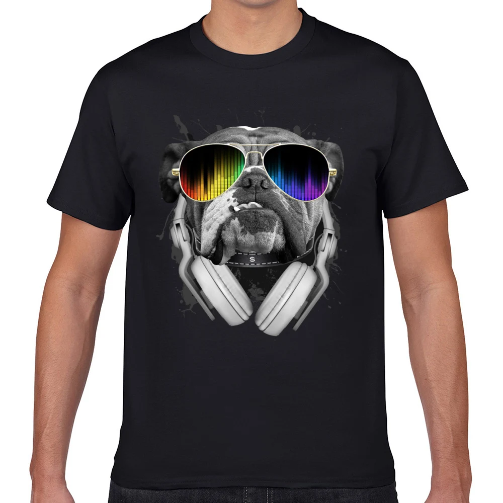 Tops T Shirt Men bulldog dj Basic Black Geek Short Male Tshirt fa002