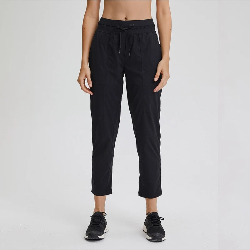 

Women's Loose Straight Drawstring Woven Casual Pocket Yoga Cropped Trousers