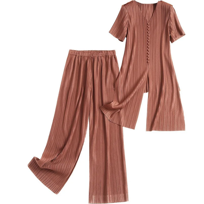 

2020 Summer Women 2 Two Piece Sets Chiffon Solid long blouse tops+elastic high Waist Pant suits trousers pantsuit Female