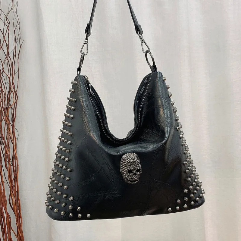 

Casual Rivet Tote Bags Skull Design Women hobos Messenger Bag Soft PU Leather female Shoulder Bag luxury designer ladies handbag