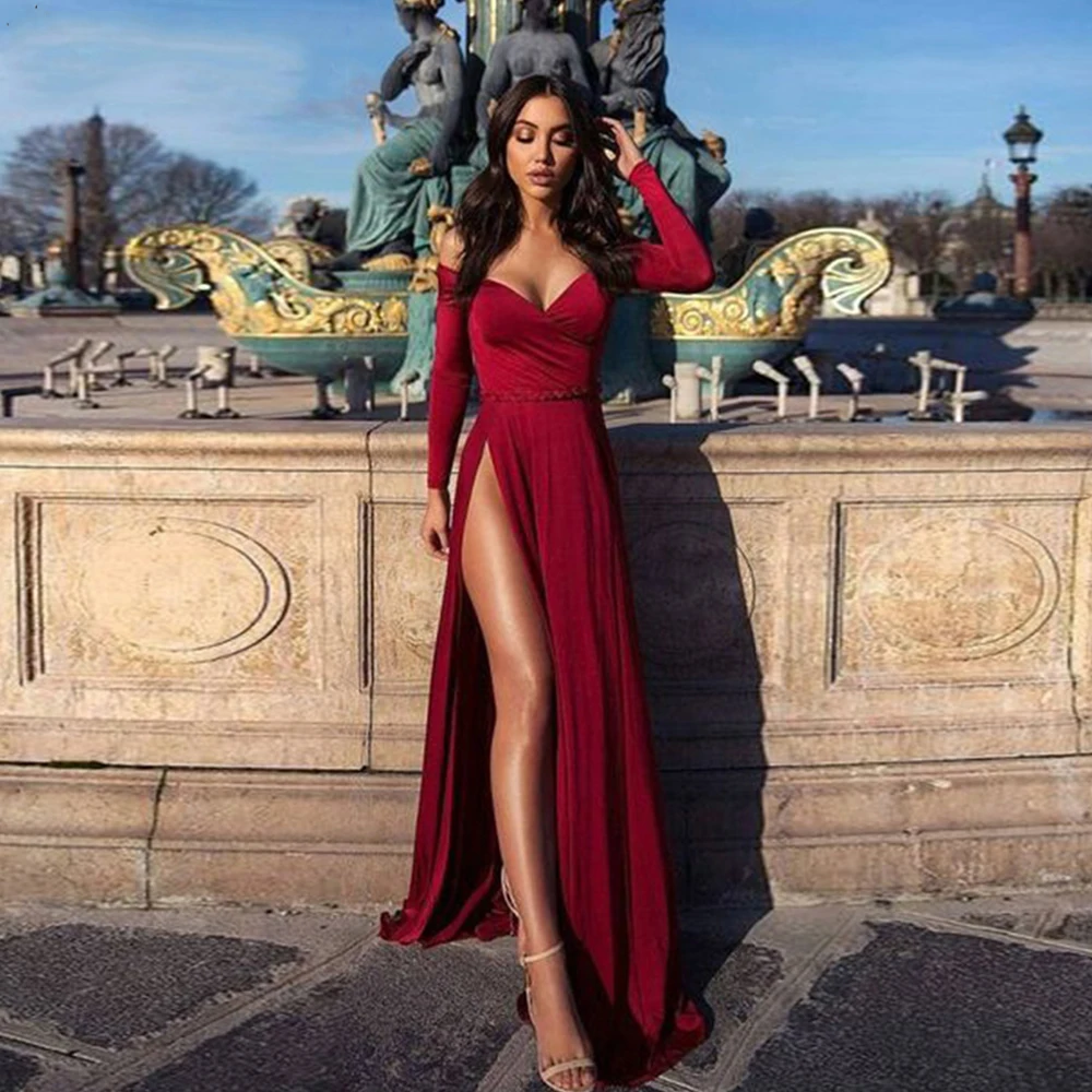 

High Slit Sweetheart Floor-length Sweep Train Evening Party Dresses Simple Elegant Off The Shoulder Draped Prom Gowns For 2022