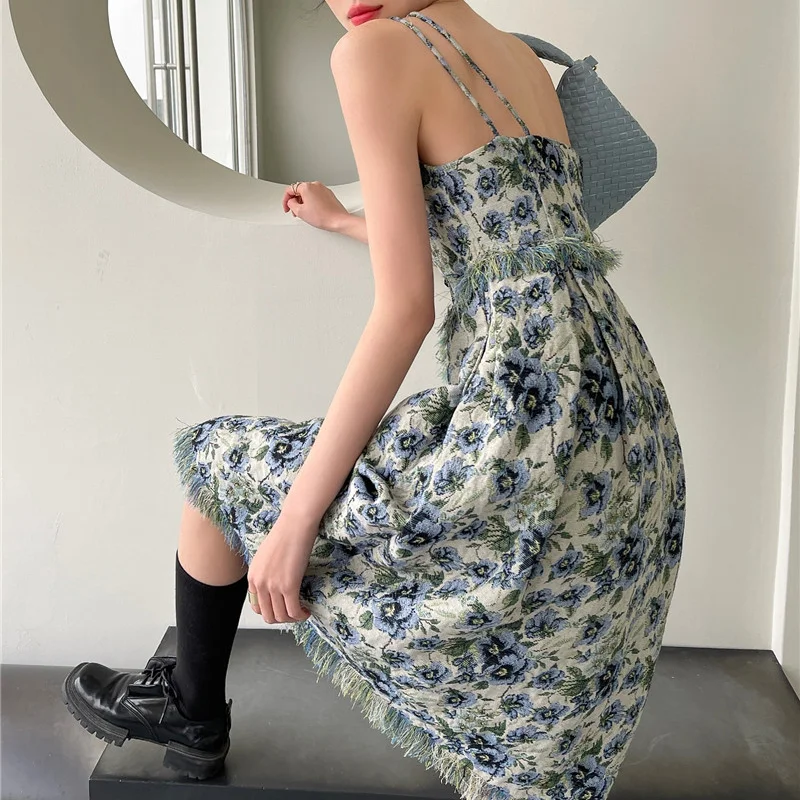

Kimotimo Women Dress 2021 Spring Art Jacquard Flower Print Design Sleeveless Dress Vintage Fashion Korean Style Temperament