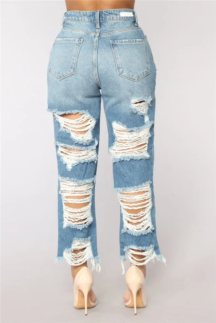 

Women Cropped Trousers Jean Distressed Tassel Straight Jeans For Women Ankle Length High Waist Ripped Holes Casual Ladies Pants