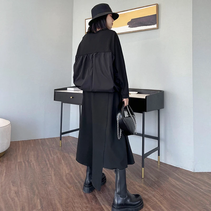 

[EAM] Women Black Hem Drawstring Zipper Big Size T-shirt New Round Neck Long Sleeve Fashion Tide Spring Autumn 2021 1DD5364