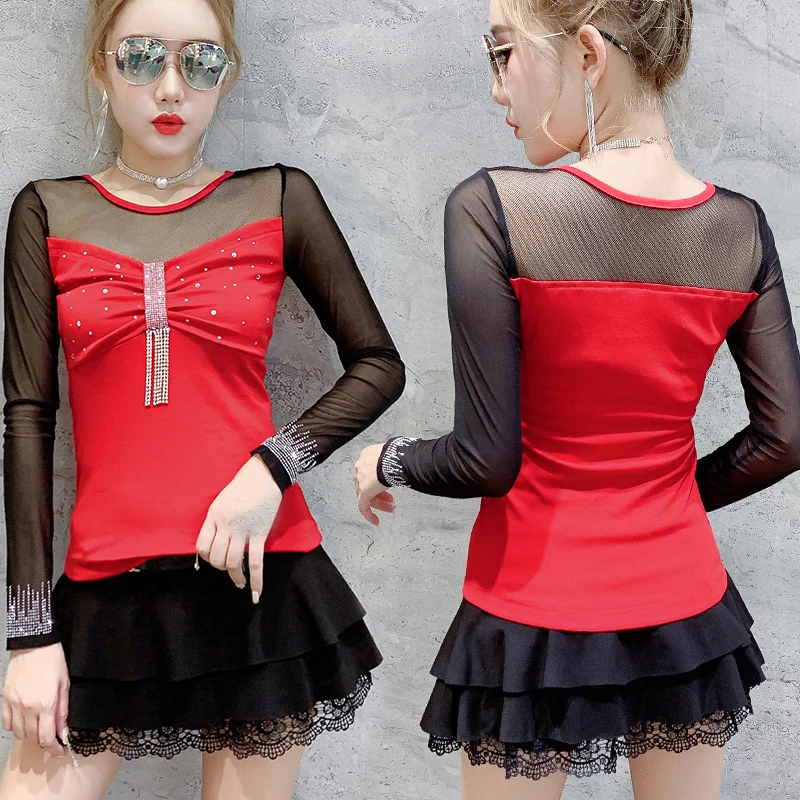 Футболка женская сетка со стразами пряжи Сезон весна-осень В стиле панк-рок топы