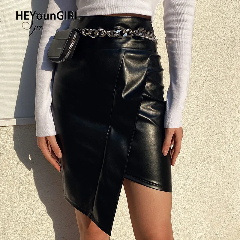 HEYounGIRL необычная черная искусственная кожа элегантная юбка карандаш Высокая талия мини юбки женские ПУ обёрточная бумага короткая юбка Офисная Женская