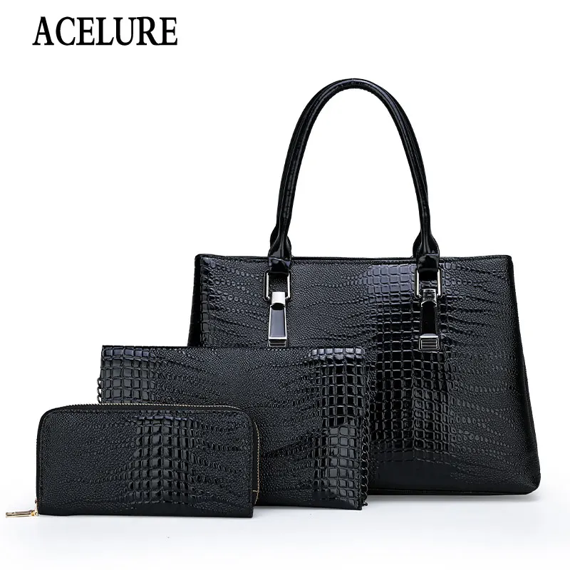 

ACELURE Solid Color Women Shoulder Bag 3 Pcs/set Alligator PU Leather Handbags Female Large-capacity Crossbody Bags Female Purse