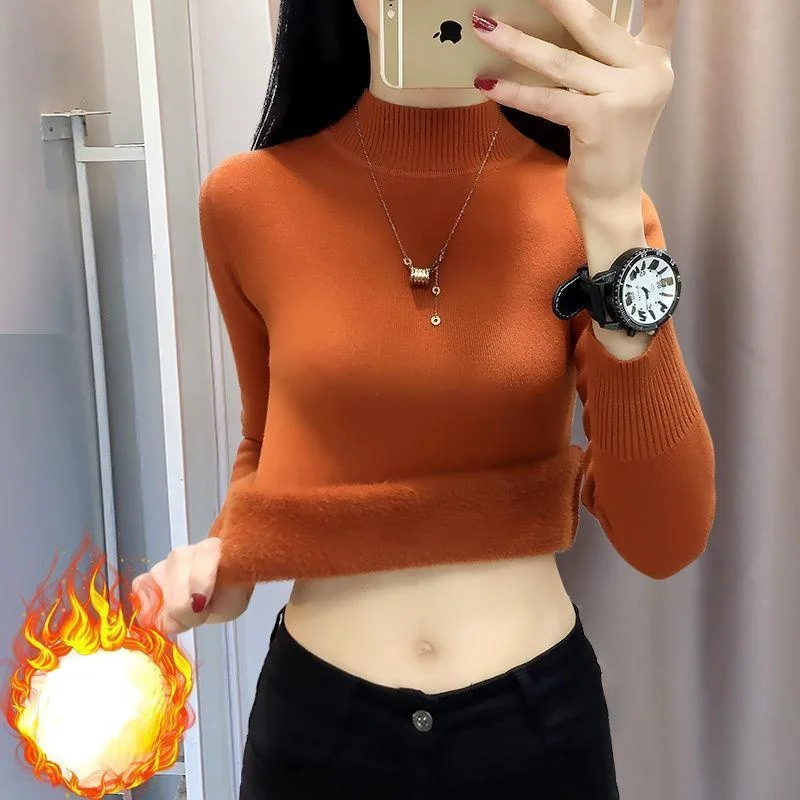 

Базовый флисовый свитер с воротником «хомут», женский модный Зимний Теплый Вязаный топ в Корейском стиле, элегантные облегающие эластичные...