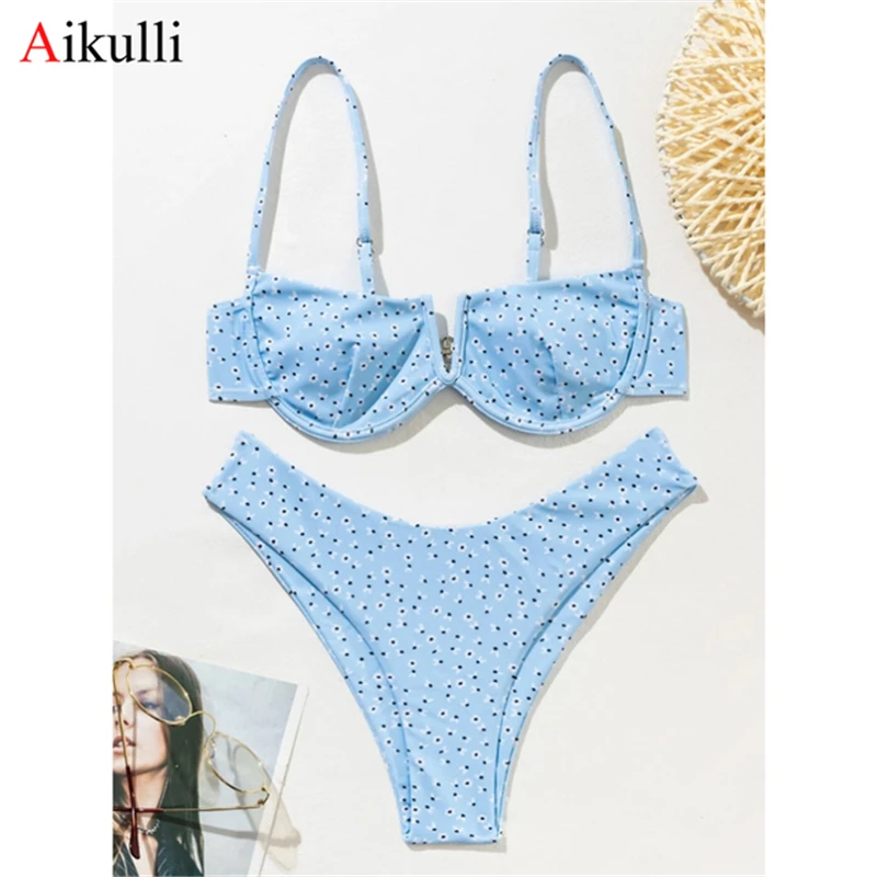 

New Floral Print Bikini V-Neck Swimsuit 2023 Swimwear Women Sexy V-bar Underwired Bikini Set Push Up Bathing Suit Swim Beachwear