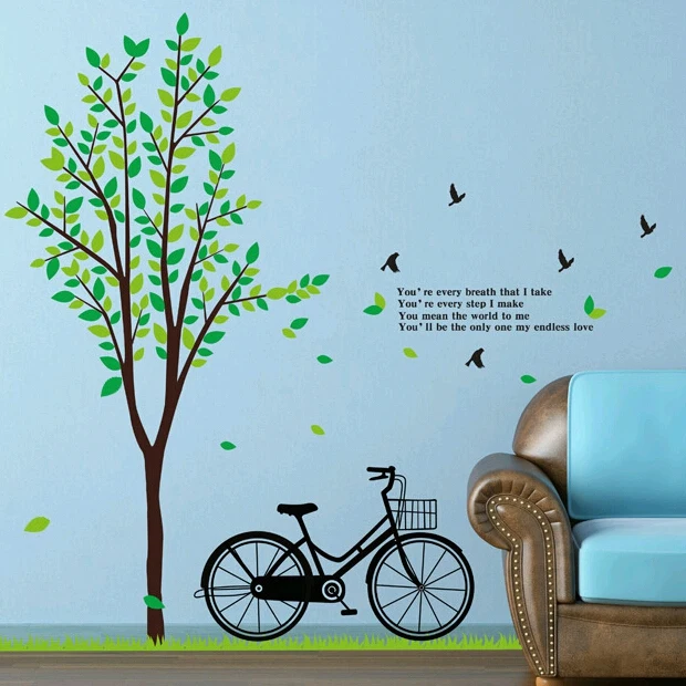 

cartoon sticker Sweet Romance Bike Tree Leaves The Sitting Room Tv Setting Inside Bedroom Adornment Huaqiang Stickers Cartoon