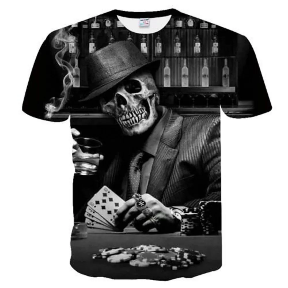 

Men's skull and 3D POKER casual T-shirt, short sleeve T-shirt, black design t-shirt, men's summer T-shirt, drop shipment