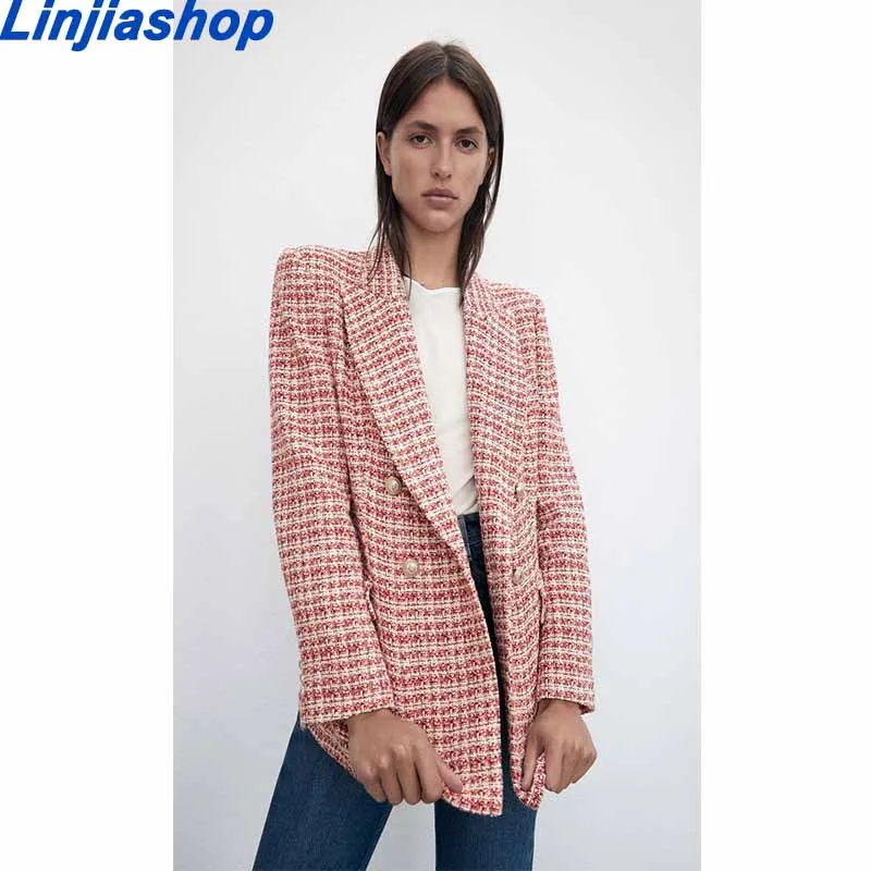 

Za Women Fashion Texture Double Breasted Check Blazer Coat Vintage Long Sleeve Pockets Female Outerwear Chic