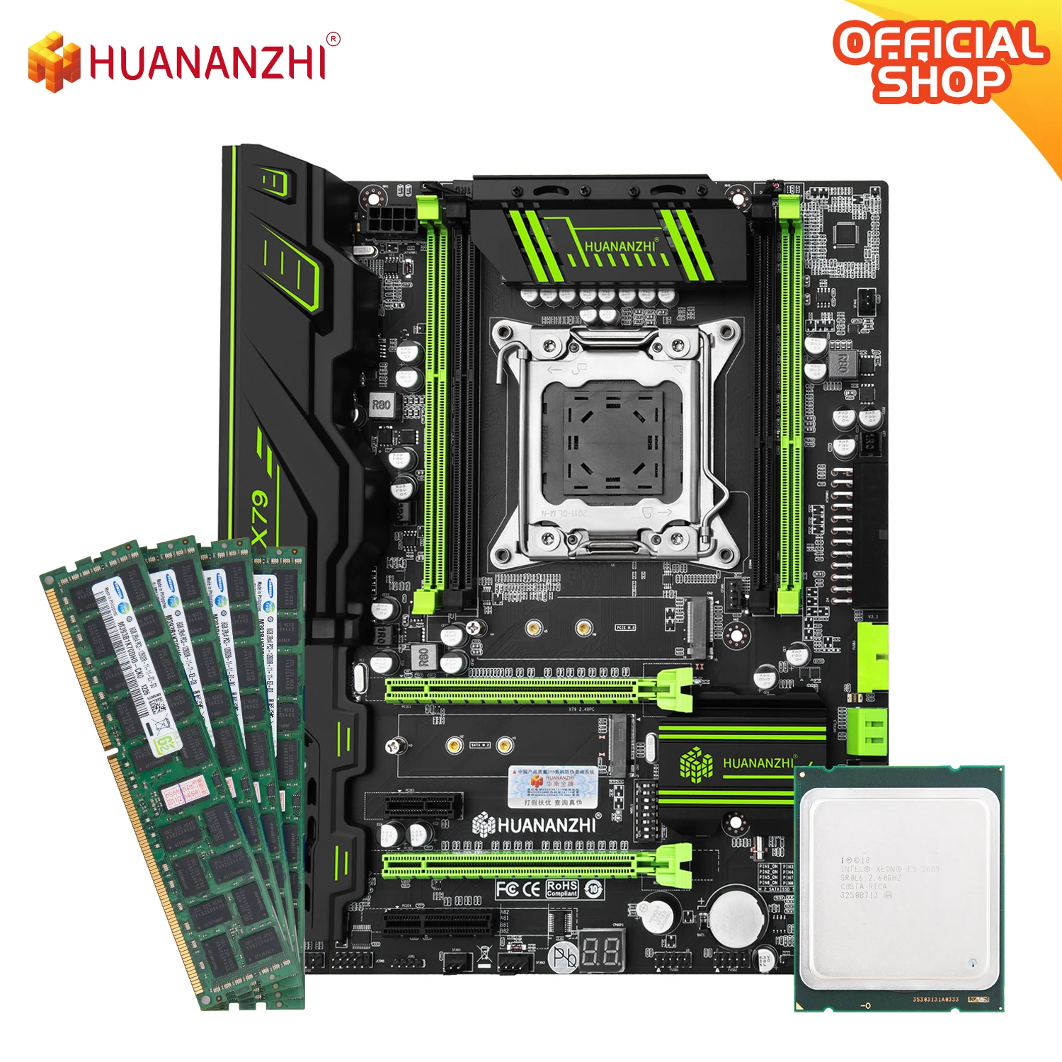 Verkauf HUANANZHI X79 GRÜN X79 Motherboard Mit Intel XEON E5 2689 Mit 4*8GB DDR3 RECC Speicher Combo Kit Set ATX SATA USB 3,0 PCI-E NVME