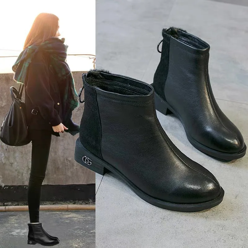 

Back zipper Chelsea booties low with horse hair leather plus velvet ankle boots 2019 autumn and winter new British wind