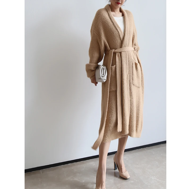 

[ZAYAU]Big Size Imitation Mink Sweater Coat women's 2021 New Early Autumn Hair Free Long Simple Temperament Knitted Cardigan