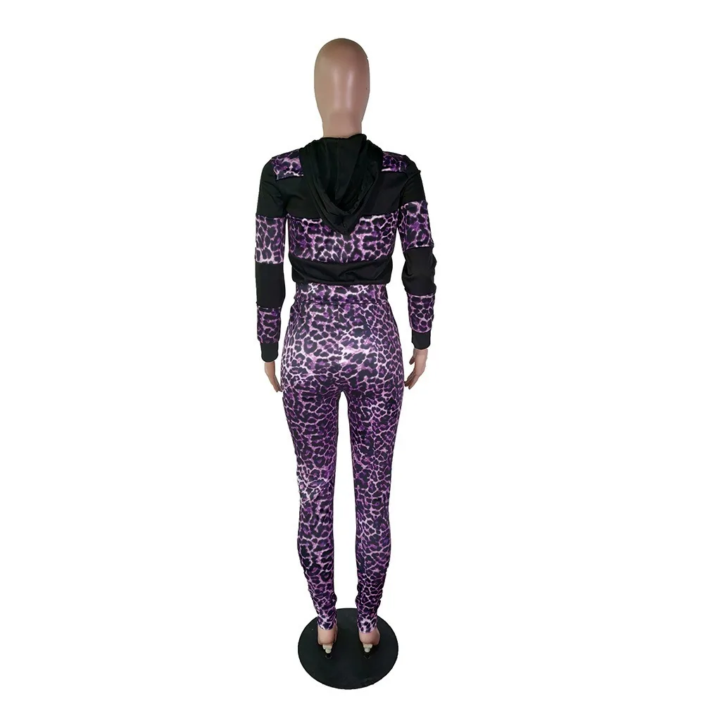 

Fall Winter Leopard Causal Two Piece Set Sweatsuit Womens Clothing Hooded Full Sleeve Crop Sweatshirt + Long Pants Plus Size Set