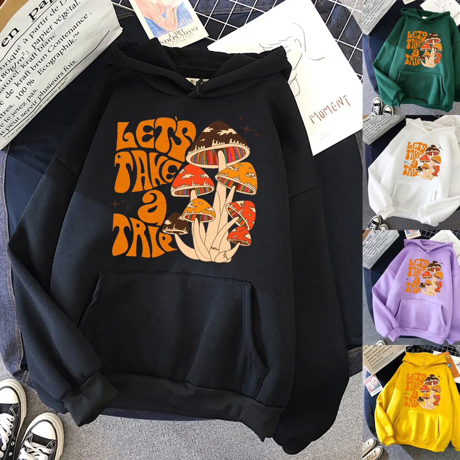 

Hoodies Mushroom Letter Cartoon Print Tops Women Fashion Casual Fun Print Hooded Sweatshirt Loose Sports Tops Pullover Female