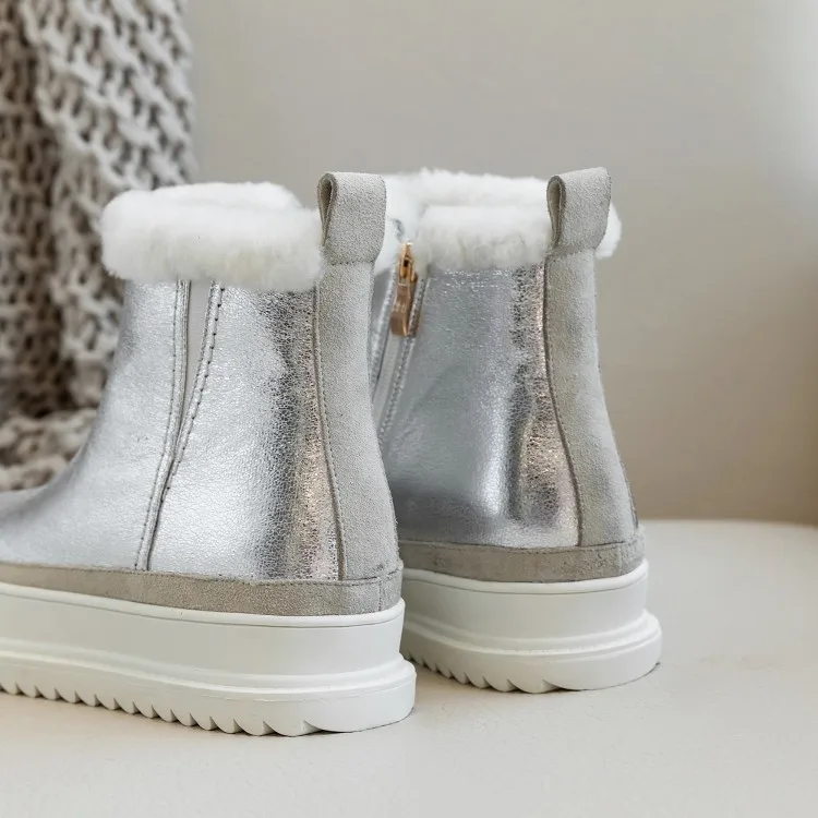 Женские зимние ботильоны из натуральной кожи на плоской платформе теплые