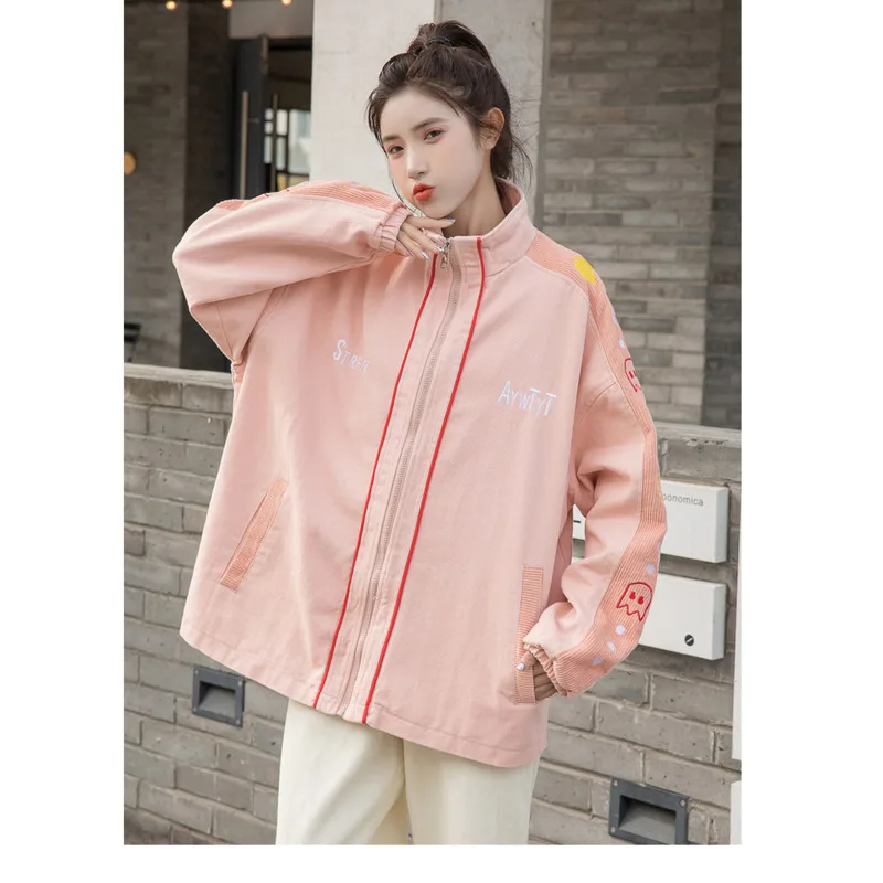 

2021 Spring Autumn Jacket Women Pink Baseball Coat Loose BF Korea Casual Top Streetwear Jackets Ins Work Coat Outwear Ins